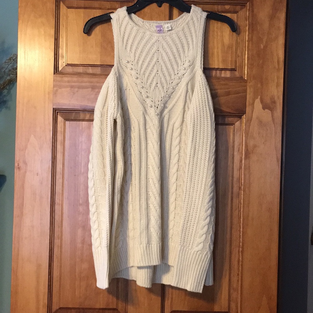 Pearl embellished, cut out shoulder cream sweater